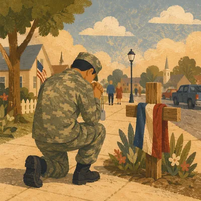 Soldier Kneeling in Prayer With Dog Tags
