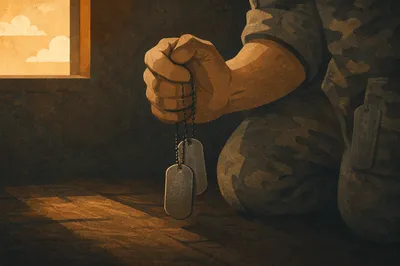 Soldier Kneeling in Prayer with Dog Tags