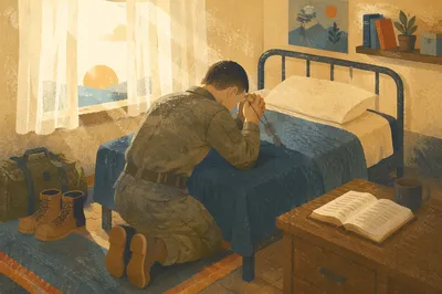 Soldier Kneeling in Prayer with Dog Tags