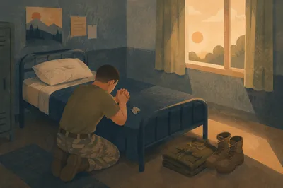 Service Member Kneeling in Dawn Prayer
