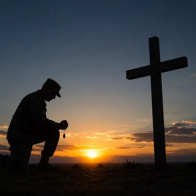 Soldier Praying With Dog Tags at Cross
