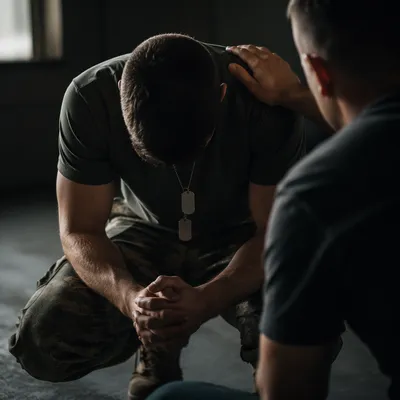 Soldier Kneeling in Prayer With Dog Tags