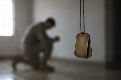 Praying Soldier Silhouette With Bronze Dog Tags