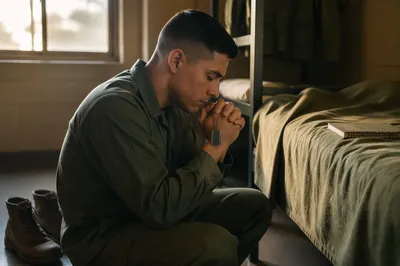 Soldier Kneeling in Barracks at Dawn