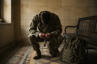 Soldier Kneeling in Prayer with Dog Tags