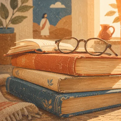 Cozy Books and Glasses in Golden Light
