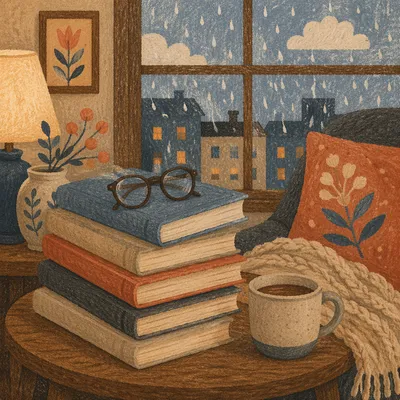 Cozy Books and Glasses Reading Nook