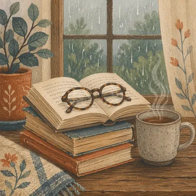 Cozy Books and Glasses by Rainy Window