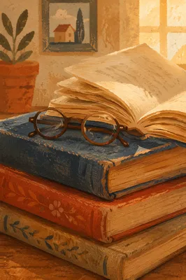 Cozy Books and Glasses in Afternoon Light