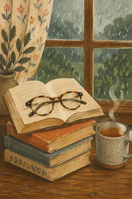 Cozy Books and Glasses by Rainy Window
