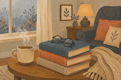 Cozy Books and Glasses Reading Corner