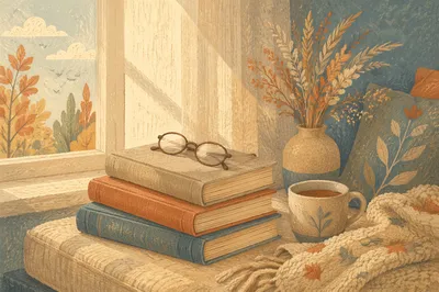Cozy Books and Glasses Reading Nook