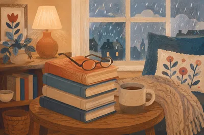 Cozy Books and Glasses Reading Nook