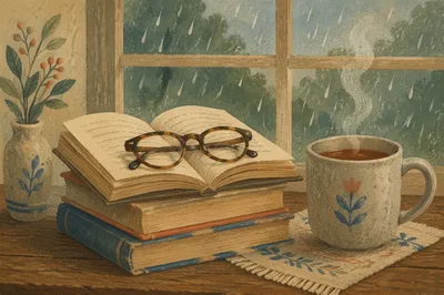 Cozy Books and Glasses by Rainy Window