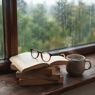 Cozy Books and Glasses by Rainy Window