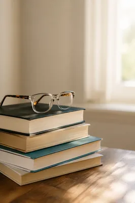 Cozy Books and Reading Glasses on Wooden Table