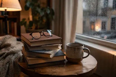 Cozy Books and Glasses Reading Nook