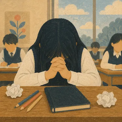Student Praying Before Classroom Exam