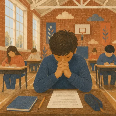 Praying Student Before Exam in Classroom