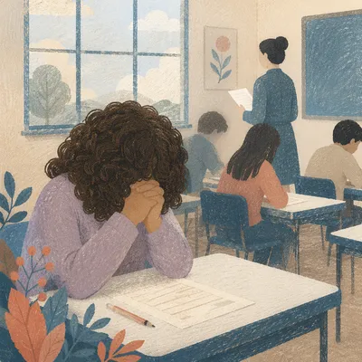 Student Praying Before Exam in Classroom