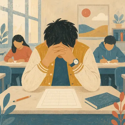 Student Praying Before Exam in Bright Classroom