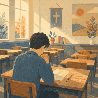 Student Praying Quietly Before Classroom Exam