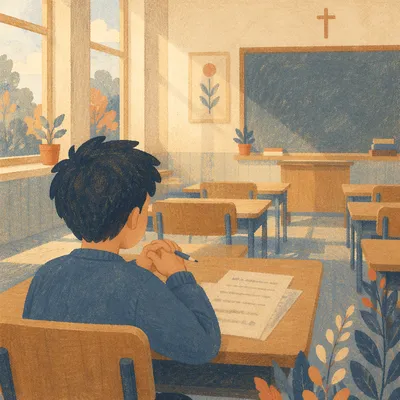 Student Praying Quietly Before Classroom Exam