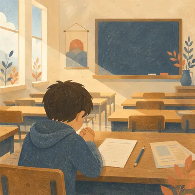 Student Praying Quietly Before Classroom Exam