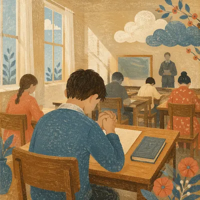 Student Praying Quietly Before Classroom Exam