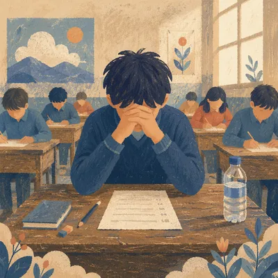 Student Praying Quietly Before Classroom Exam