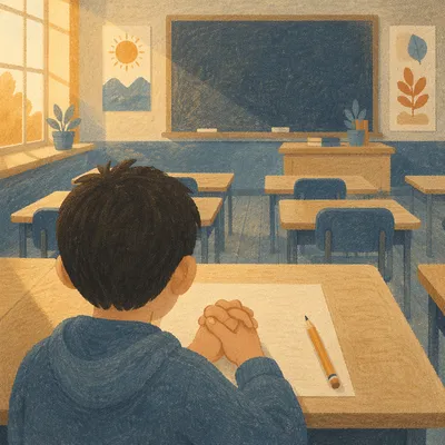 Student Praying Before Exam in Classroom