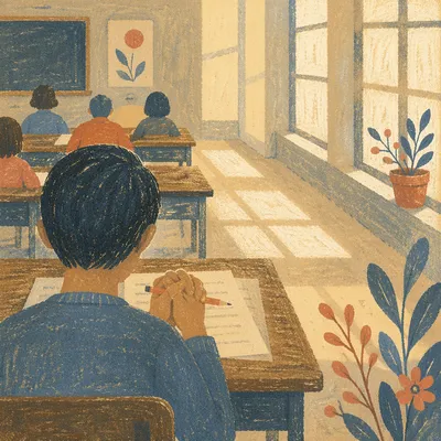 Student Praying Before Exam in Classroom