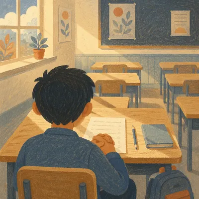 Student Praying Before Exam in Quiet Classroom