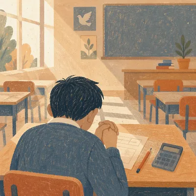 Student Praying Before Exam in Classroom