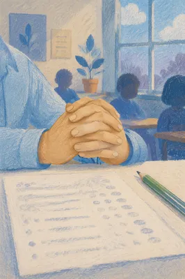 Student Praying Before Classroom Exam