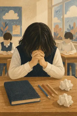 Student Praying at Classroom Exam Desk