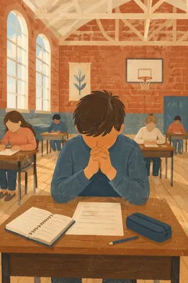 Student Praying Before Classroom Exam