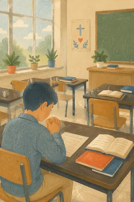 Student Praying Before Exam in Classroom