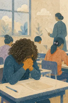 Student Praying Before Classroom Exam