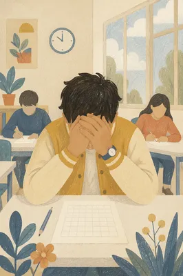 Student Praying Before Exam in Classroom