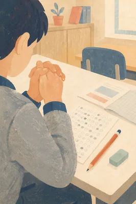 Student Praying Before Exam in Classroom