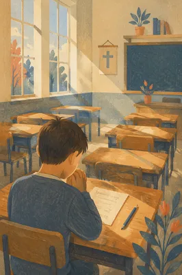 Student Praying Quietly Before Classroom Exam