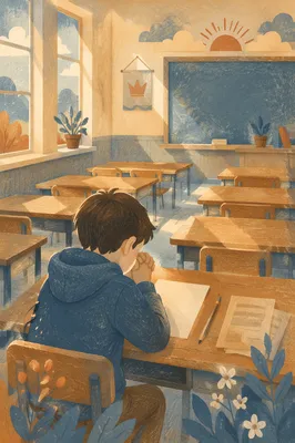 Student Praying Before Exam in Classroom