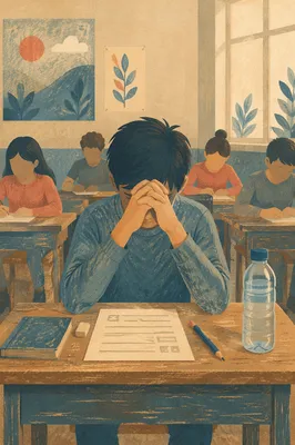Student Praying Quietly Before Classroom Exam