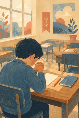 Student Praying Before Classroom Exam