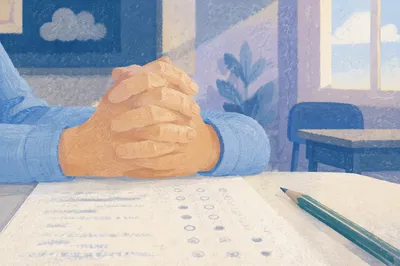 Student Praying Before Classroom Exam