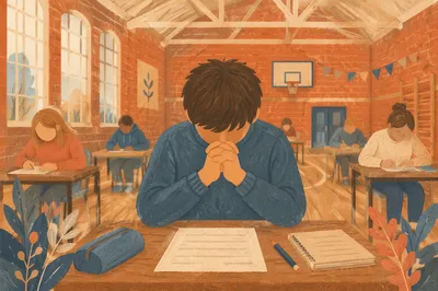 Student Praying Before Exam in Classroom