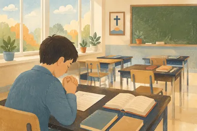 Student Praying Before Classroom Exam