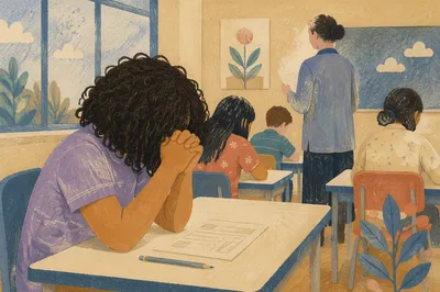 Student Praying Before Classroom Exam