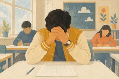 Student Praying Before Exam in Classroom